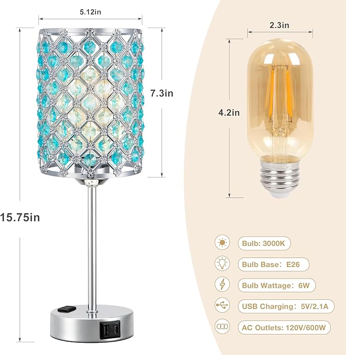 Hong-in Blue Lamps for Night Stands-Crystal Table Lamp with USB-C+A & AC Charging Ports, 3-Way Dimmable Nightstand Touch Lamp, Bedside Desk lamp for Bedroom Living Room Home Office