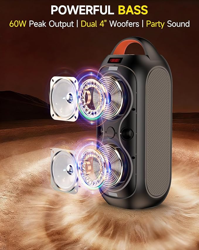 Party Bluetooth Speaker: 60W Peak Power, Deep Bass Dual Woofers, 12H Battery, RGB Lights, TWS, FM Radio, AUX/USB/Mic Input | for Indoor & Outdoor-Updated