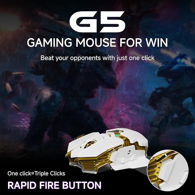 EWEADN G5 Wireless Gaming mouse, 12800 Adjustable DPI Ergonomic Mouse with 6 RGB Backlit Modes, Rapid Fire Key, 9 Programmable Macro Buttons, Rechargeable Bluetooth Mouse for PC/Mac/Laptop - White