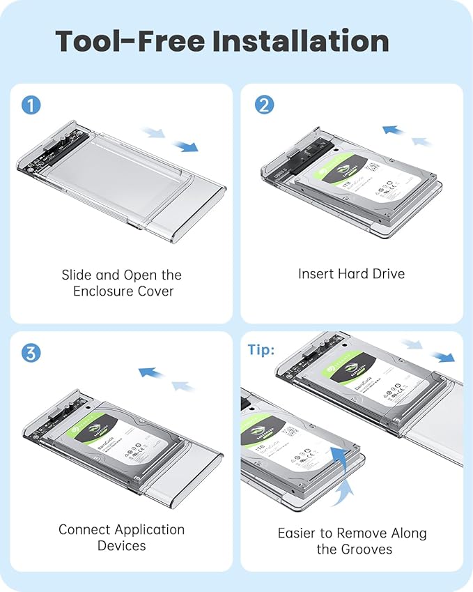 POSUGEAR 2.5'' External Hard Drive Enclosure USB 3.0 to SATA III Tool Free Clear External Hard Drive Case for 7mm/9.5mm 2.5 inch SSD HDD with UASP, Compatible with WD Toshiba Samsung PS4 Xbox PC TV