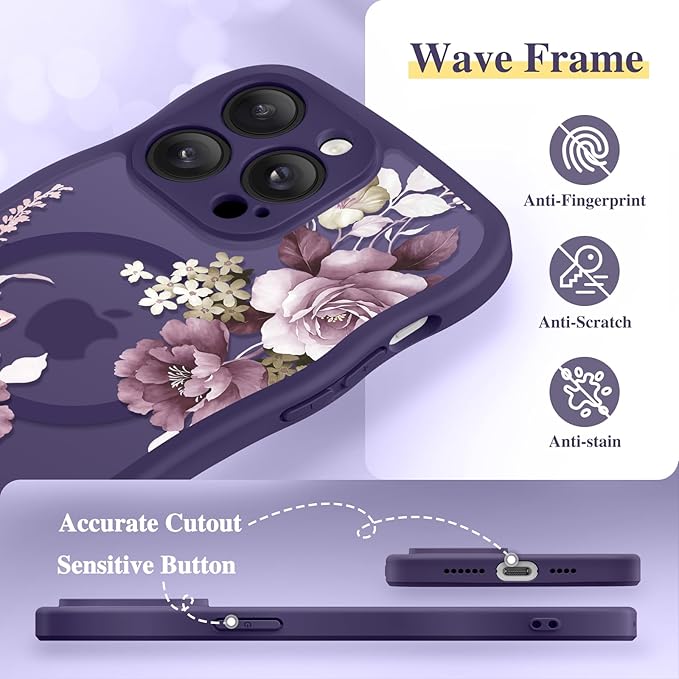 GVIEWIN for iPhone 14 Pro Max Case Compatible with MagSafe [Curly Wave Edge][Full Camera Protection] Floral Translucent Shockproof Magnetic Women Phone Case for 14 Pro Max, Cherry Blossoms/Deep Purple