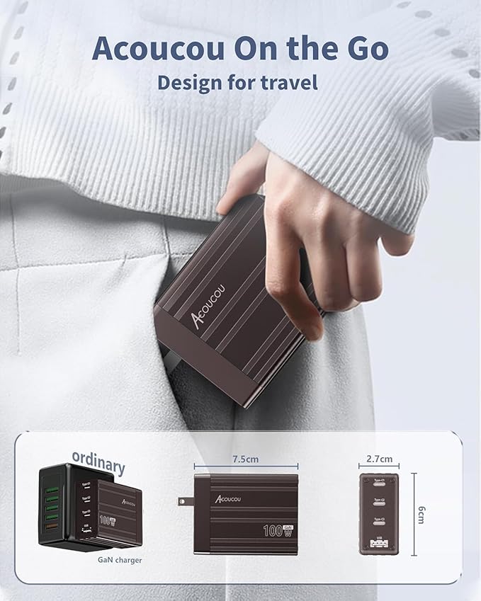 ACOUCOU 100W USB C Charger, 4-Port GaN Fast Charging Foldable Compact Laptop Charger Power Adapter for MacBook, Ipad, iPhone, Galaxy S24 Ultra, Steam Deck, Google Pixelbook and More