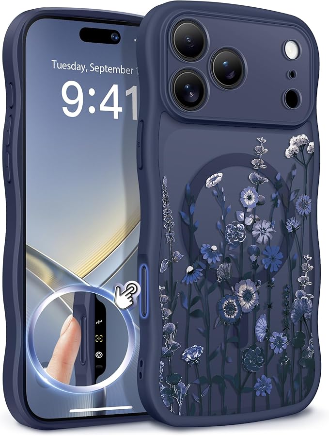 GVIEWIN for iPhone 17 Pro Case Compatible with MagSafe [Curly Wave Edge][Full Camera Protection] Floral Translucent Shockproof Magnetic Women Phone Case for iPhone 17 Pro 6.3'', Floratopia/Blue