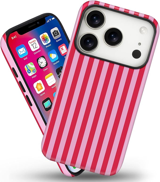 Magnetic for iPhone 17 Pro Max Case Cute Stripes Phone Case, Shockproof Slim TPU and Hard PC Protective Phone Cover Compatible with MagSafe Designed for Women Girls, Pink and White