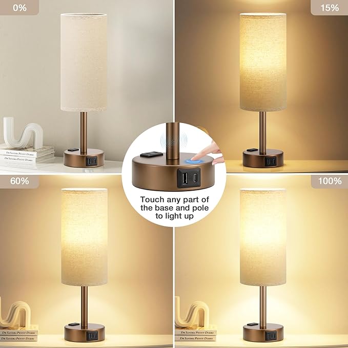 Fenmzee Brown Bedside Table Lamp for Bedroom - 3 Way Dimmable Touch Lamp USB C Charging Ports and AC Outlet, Small Lamp Round Flaxen Fabric Shade for Living Room, Desk, LED Bulb Included