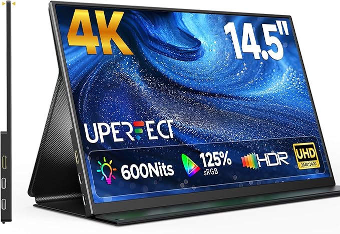 UPERFECT 4K Portable Monitor, 14.5" UHD 3840x2400 Laptop Display with Smart Cover, 16:10 Matte IPS Screen, 125% sRGB, 1.06 Billion Colors, 600 Nits Brightness, Metal Frame for PC/Mac/Phone
