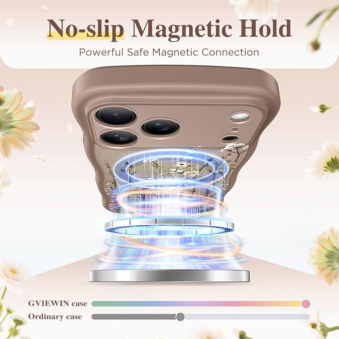GVIEWIN for iPhone 17 Pro Case Compatible with MagSafe [Curly Wave Edge][Full Camera Protection] Floral Translucent Shockproof Magnetic Women Phone Case for iPhone 17 Pro 6.3'', Floratopia/Brown
