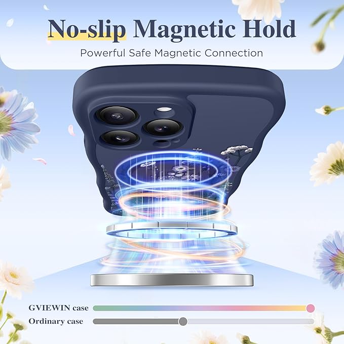 GVIEWIN for iPhone 15 Pro Case Compatible with MagSafe [Curly Wave Edge][Full Camera Protection] Floral Translucent Shockproof Magnetic Women Phone Case for iPhone 15 Pro 6.1'', Floratopia/Blue