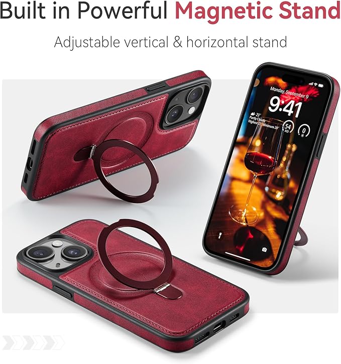 for iPhone 15 Plus Case with Stand, Compatible with MagSafe, Slim PU Leather & Durable TPU Protective Magnetic Kickstand Cover Drop-Proof with Tempered Glass Screen Protector 6.7", Red