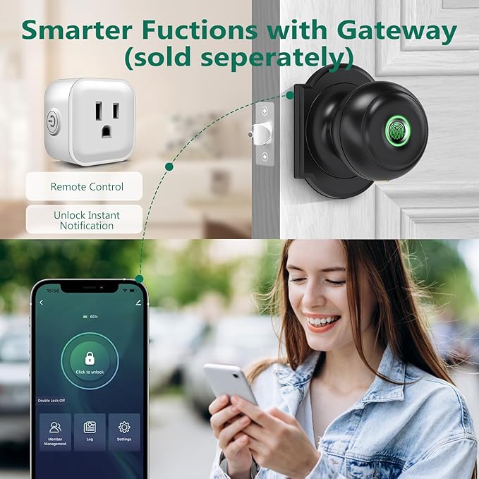 GeekTale Fingerprint Door Lock for Bedrooms, Fingerprint Door Knob with Lock, Smart Door Lock, App Control, Back-up Keys, Thumbprint Door Knob for Bedrooms, Office, Apartment