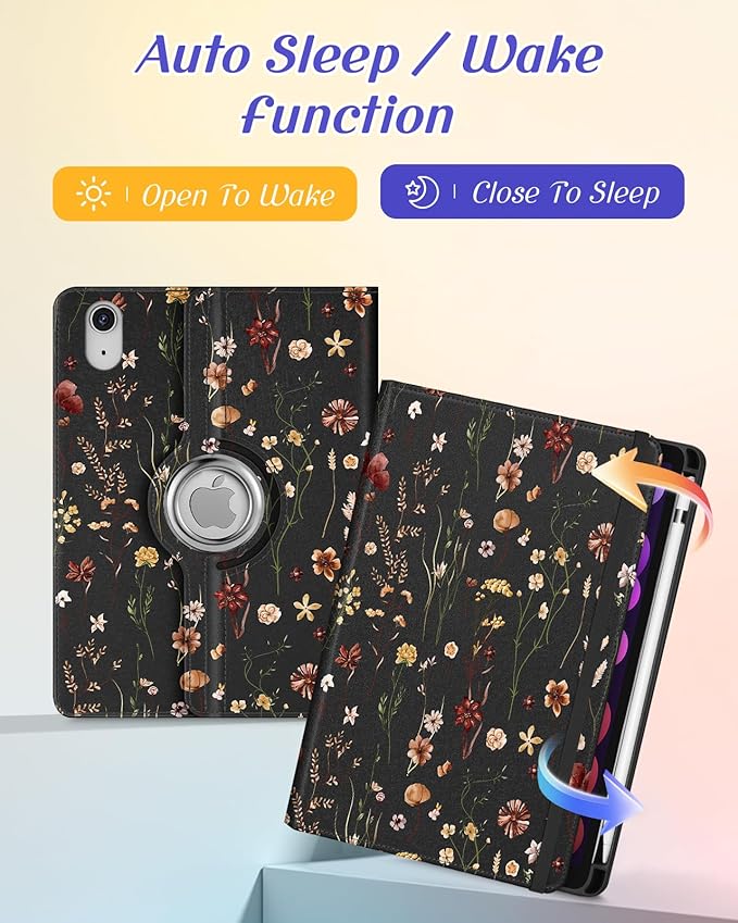 Kidcube for iPad mini 7 Case A17 Pro 2024, for iPad mini 6th Generation Case 8.3 Inch - Women Girls Cute Rotating Stand Folio Cover with Pencil Holder & Card Slot Girly Flowers Floral Unique Cover