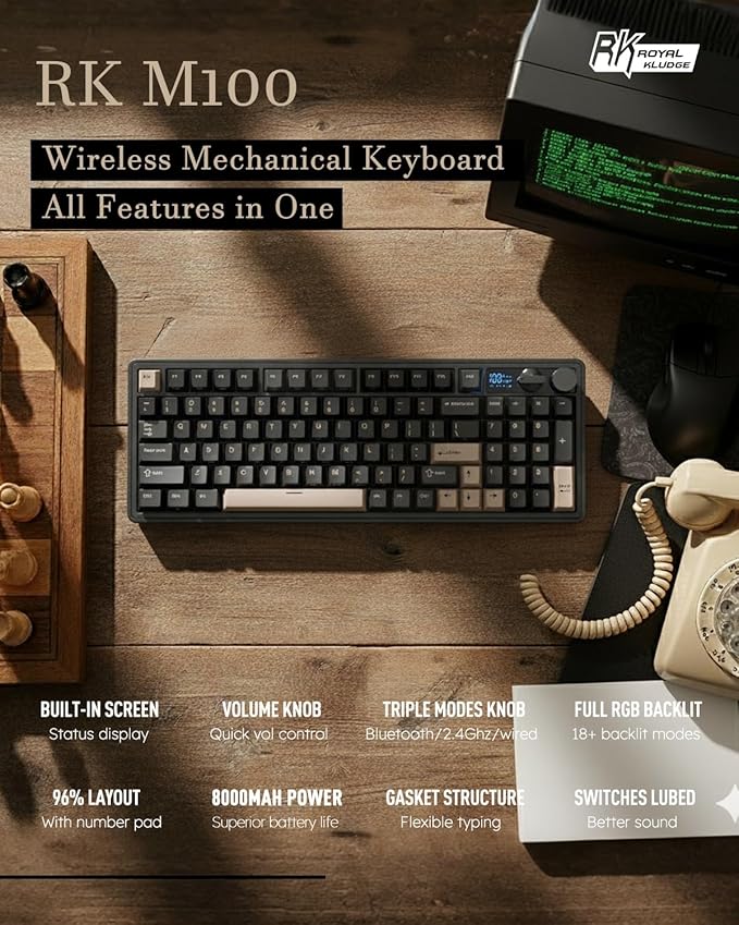 RK ROYAL KLUDGE M100 Wireless Mechanical Keyboard w/Screen & Dual Knobs, Tri-Mode Gasket Mount Gaming Keyboard with Number Pad, Hot Swappable Light Switch, Black