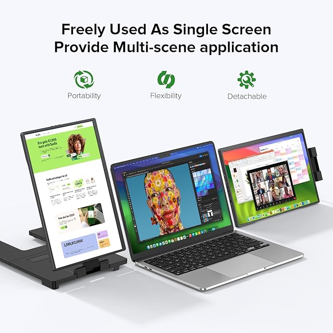UPERFECT Laptop Screen Extender, 2K 14" 360° Patented Unique Swivel Hinge Triple Monitor, 2240x1400 QHD IPS Portable Dual Monitor for 13.3"-17.3'' Laptops, Plug & Play with Mac, Wins, Android