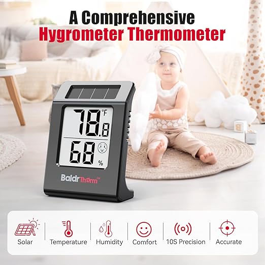 BaldrTherm Humidity Meter Hygrometer, Solar-Powered Room Thermometer Indoor Digital Temperature Sensor Monitor, 2.2''Humidity Gauge for Baby Rooms, Home, Office, 1Pack, Black