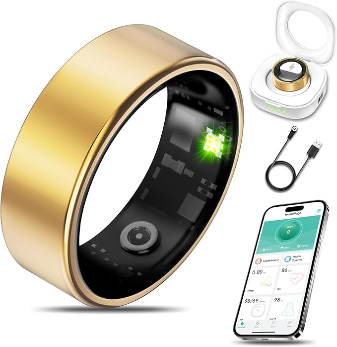 Smart Health Ring for Women Men Fitness Tracker with Heart Rate, Blood Oxygen, Blood Pressure, Sleep Monitoring, Step Counting, IP68 Waterproof for iOS and Android, No APP Fee, Gold 8