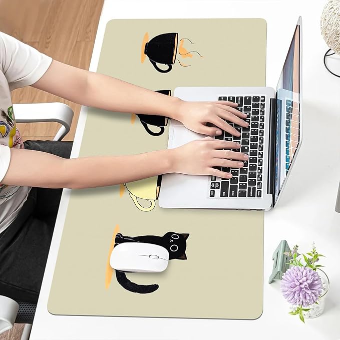 Bloss Leather Mouse Pad,Beige Anime Large Desk Pad, Cute Kawaii Cartoon Cat Desk Mats for Keyboard and Mouse,Clearance Overstock Limited Stock Discontinued Size 31.5" x 15.7"