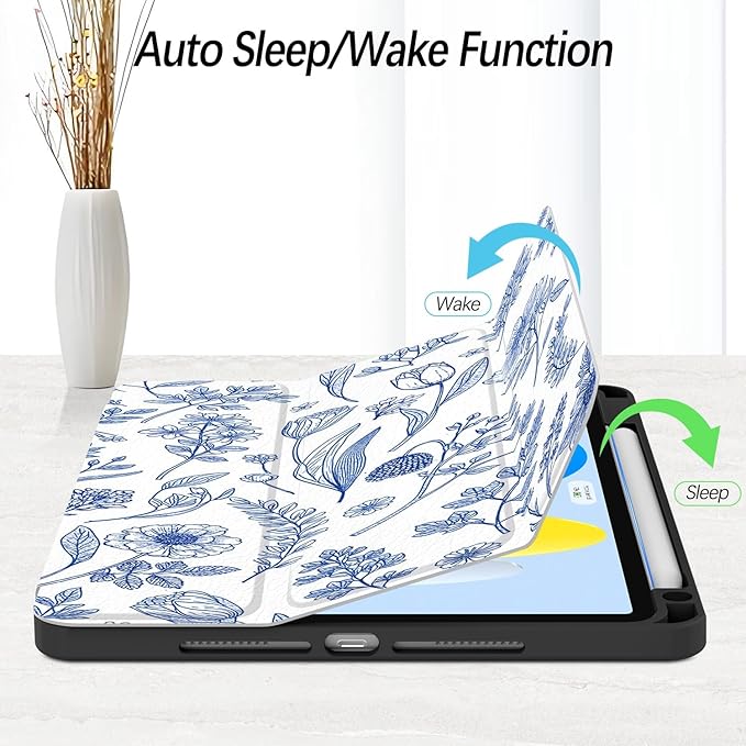 Case for iPad Pro 11 inch 4th/ 3rd/ 2nd / 1st Generation (2022/2021/2020/2018), Case with Pencil Holder, Stand Clear Back Cover Cute Cool Design for Women Girls, Auto Sleep/Wake, Blue Flower
