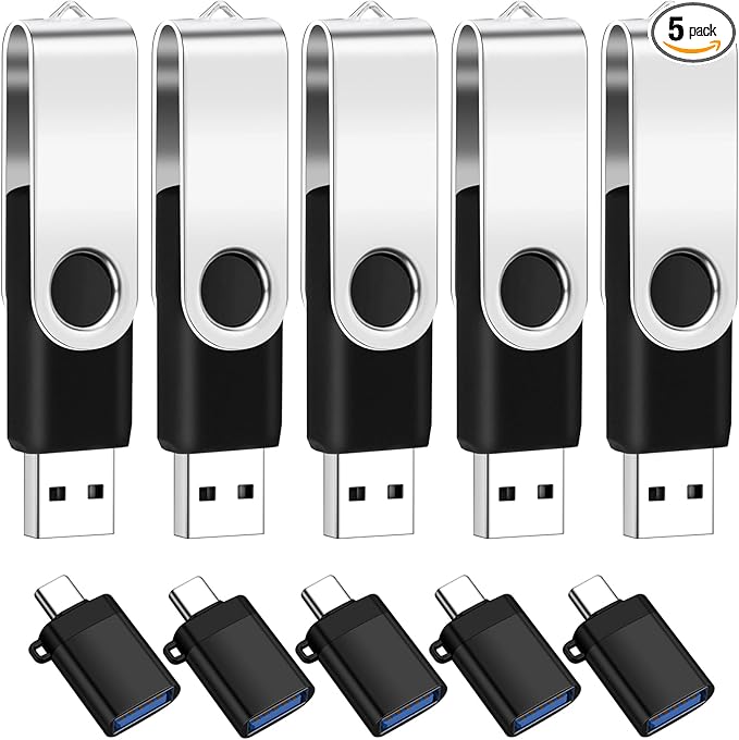 EASTBULL 5 Pack of 2GB USB 2.0 Flash Drives with Type-C Adapters and Keychains, High Speed Thumb Drives 360 Rotatable Swivel 2GB (5Pcs Black)