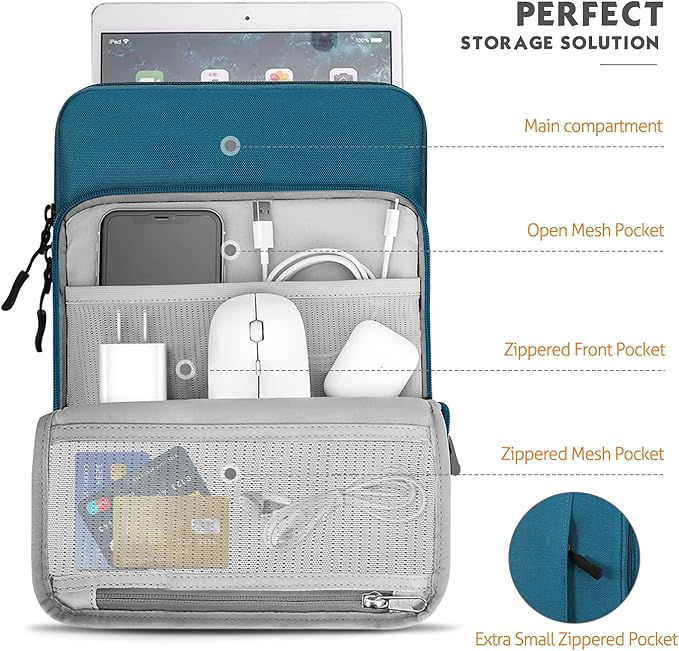 MoKo 9-11 Inch Tablet Sleeve Bag Carrying Case with Storage Pockets Fits New 11-inch iPad Air M4 2026/iPad Pro M5, iPad Pro/A16 11, iPad Air 5/4th 10.9, iPad 9/8th 10.2, Tab S8/S9 11,Peacock Blue