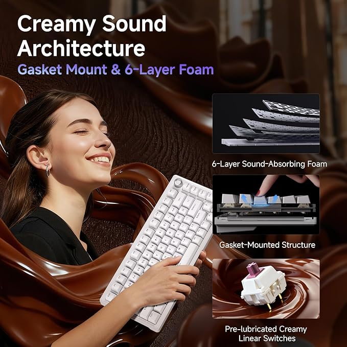 DIERYA DK81E 75% Mechanical Gaming Keyboard, Hot-Swappable, Pre-Lubed Linear Switches, Gasket-Mount, 6-Layer Dampening Foam, Programmable, Volume Knob, RGB Backlit, Double-Shot Keycaps, Wired, White