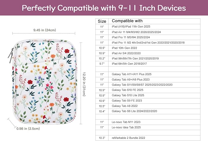 Dadanism 9-11 Inch Tablet Sleeve Bag Carrying Case for iPad (A16) 11th Gen 11", iPad 10th Gen 10.9" Air 5/4, iPad Air M4/Pro M5 11", iPad 9/8/7th Gen 10.2", Galaxy Tab A11+ Plus 11", Blooming Bouquet