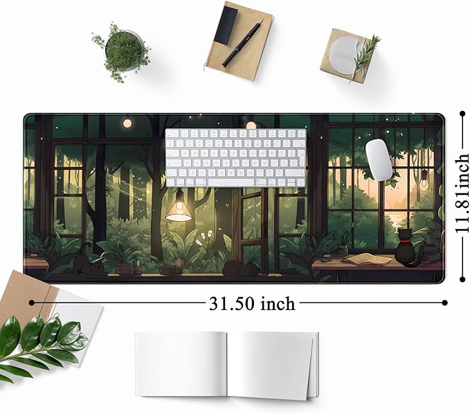 Cute Lofi Desk Mat Green Plants Mouse Pad Large Black Cat Aesthetic Desk Pad Kawaii Anime Extended Gaming Mousepad XL Laptop Keyboard Mouse Mat Deskmat 31.5"x11.8" Cute Office Decor