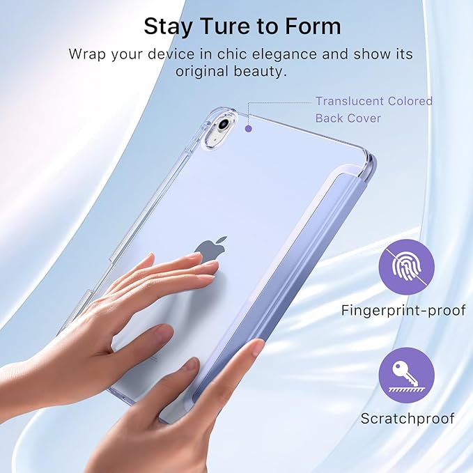 MoKo for iPad Air 11 inch Case (M4/M3/M2) 2026/2025/2024, iPad Air 5th/4th Gen 10.9 inch Case 2022/2020 with Pencil Holder, Slim Trifold Cover with Hard PC Translucent Back Shell, Lavender Purple