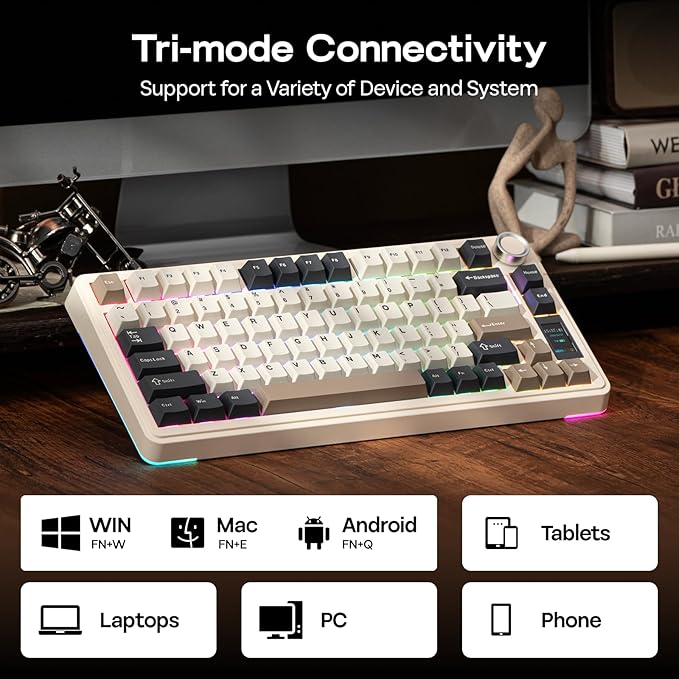 EPOMAKER X Aula EA75 MAX Wireless Gaming Keyboard with Screen & Knob, 5000mAh, Hot-Swap, Lubed Switches, RGB Backlit, Creamy Gasket, 75% Mechanical Keyboard (Retro White, Silent Cotton Candy Switch)
