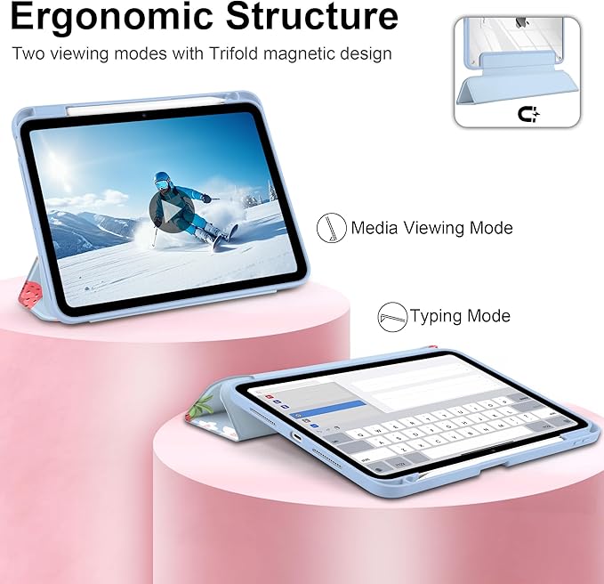Case for iPad Pro 13 Inch (M5 2025 M4 2024) – [Built-in Pencil Holder], Shockproof & Stylish, Clear Hard Back + Soft TPU Edge, Magnetic Trifold Stand, Auto Wake/Sleep, Strawberry