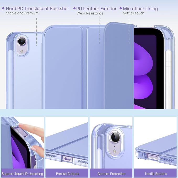 MoKo for iPad mini 7 A17 Pro Case 2024, iPad mini 6th Generation Case 8.3 Inch 2021 with Pencil Holder, Slim Light Trifold Smart Protective Cover with Hard PC Translucent Back Shell, Lavender Purple