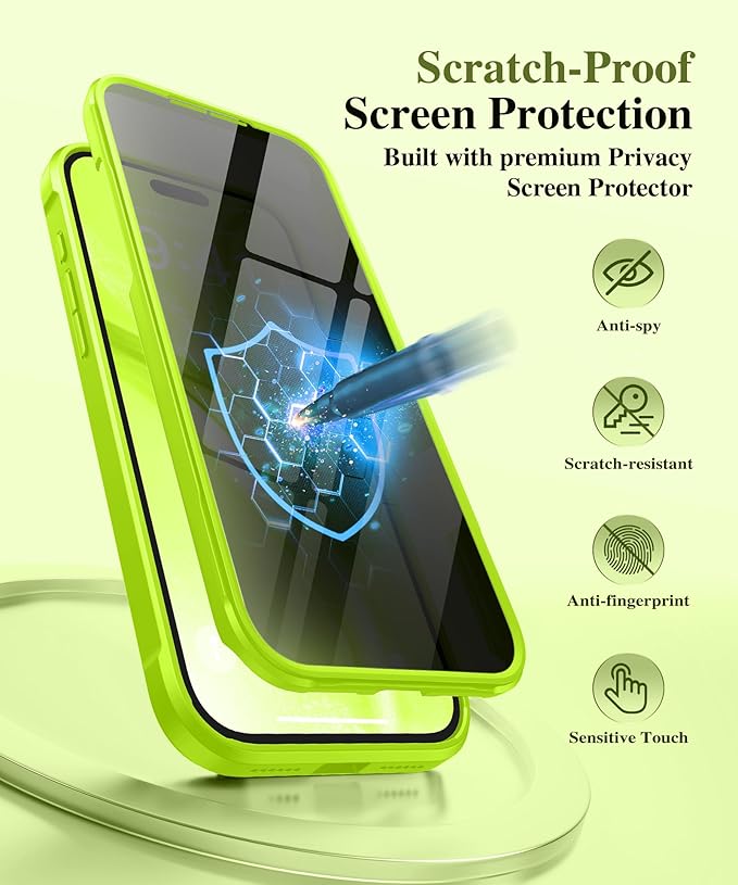 BERFY for iPhone 17 Pro Max Case, Compatible with MagSafe, Built in Privacy Screen Protector, Shockproof Full Body Phone Case for 17 Pro Max with Magnetic Stand, Translucent Bright Green