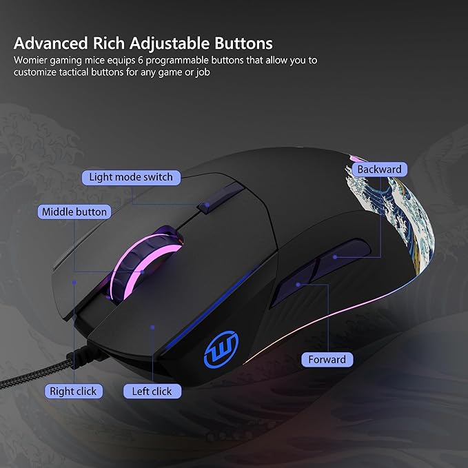 Womier Wired Gaming Mouse,Black RGB Anime Mouse w/Ergonomic Computer 12000DPI/6 Programmable Buttons Programmable Buttons for Laptop PC Mac Windows (G705 V2 Kanagawa)