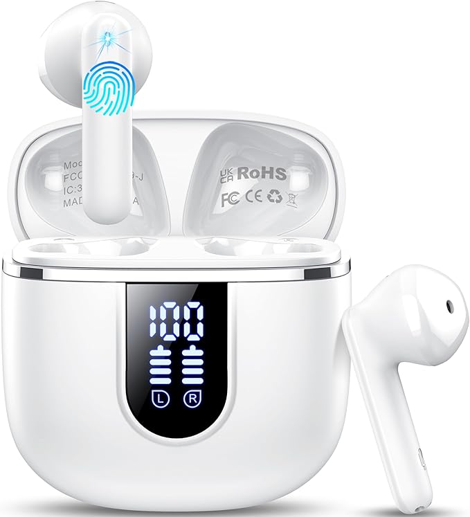Wireless Earbuds, Bluetooth 5.4 Headphones with 3D Bass Stereo, 40H Ultralight in-Ear Buds, Bluetooth Earbuds with 4 ENC Noise Cancelling Mic, USB-C, IP7 Waterproof Earphones for Android iOS, Milky