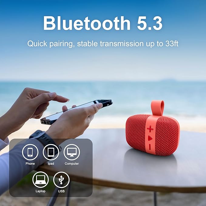 Fisher Portable Bluetooth Speakers, Clip-On Speakers Bluetooth Wireless, IPX5 Waterproof Speaker,10W Peak Power Bluetooth Speaker Stereo HD Sound, BT 5.3, FM Radio, for Pool, Beach, Use Anywhere
