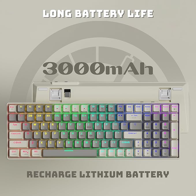 Taiahiro Wireless Mechanical Keyboard, 100-Key 96% Layout Gaming Keyboard, Hot-Swappable Silent Linear Switches, Tri-Mode BT/2.4G/USB-C, LED Backlit, 3000mAh Battery for Windows and Mac (Creamy Gray)