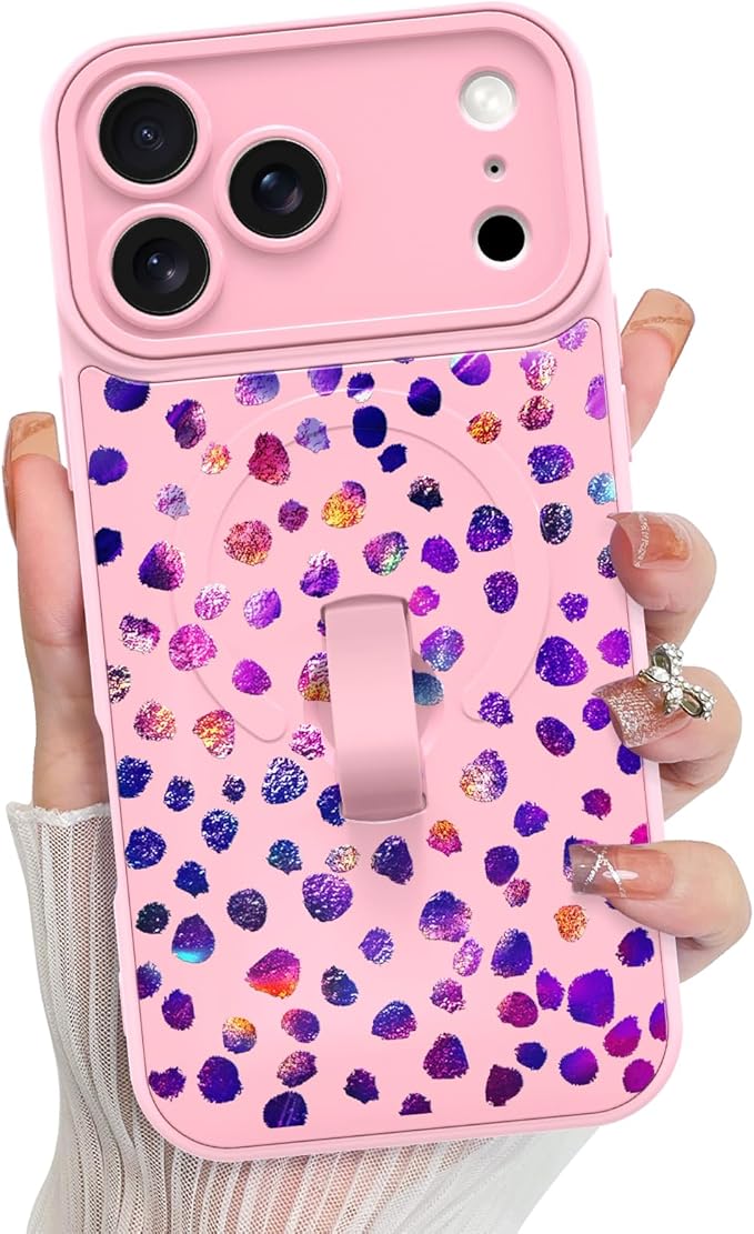 KANGHAR Compatible with iPhone 17 Pro Max Case, Support for MagSafe, Silicone Cute Iridescent Pattern Leopard Print Cheetah, Wristband Kickstand Shockproof Soft Slim Cover for Girls Women, Pink