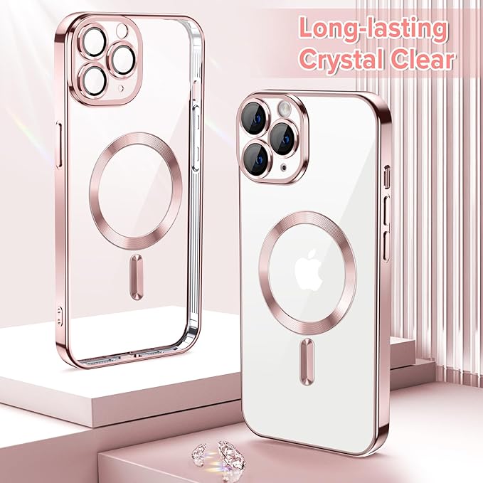 Hython Magnetic Clear for iPhone 11 Pro Max Case with Camera Lens Protector [Compatible with MagSafe] Plating Edge Slim Soft TPU Cover Protective Phone Case for iPhone 11 Pro Max 6.5", Pink