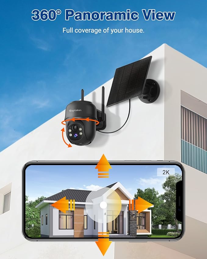 Septekon 2K Solar Security Cameras Wireless Outdoor 2 Pack, 360°PTZ Battery Powered Outdoor Camera, 2.4G WiFi Camera with Spotlight Color Night Vision, Motion Sensor Alarm, IP66, Black