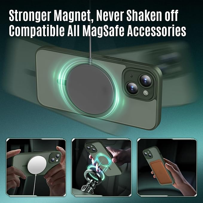 Symcele Designed for iPhone 13 Case, Compatible with MagSafe, with Privacy Screen Protectors X2, [Camera Protection] [15FT Military Drop Protection] Shockproof Phone Case, 6.1", Alpine Green