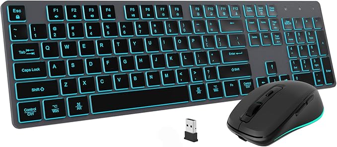 POWZAN Backlit Wireless Keyboard and Mouse Combo, Rechargeable Quiet 2.4G Cordless USB Slim Full Size for Apple iMac, MacBook, laptop and PC, Space Gray