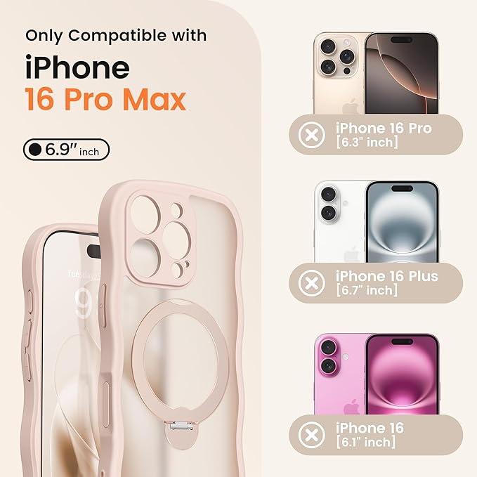 CAPRARO for iPhone 16 Pro Max Case with 360° Spin Magnetic Stand for Women, [Compatible with MagSafe] [Full Camera Protection] Cute Wave Translucent Matte Case for iPhone 16 Pro Max, Rose Gold
