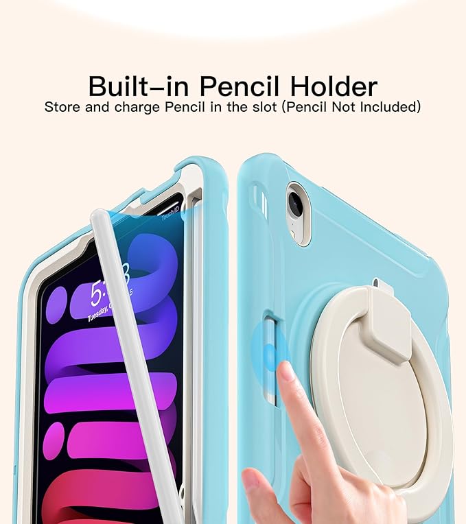 BATYUE Shockproof Case for iPad mini 7 (A17 Pro)/ Mini 6 8.3 inch (2024/2021) - 360° Multi-Angle Stand (Portrait & Landscape) & Grip, Built-in Pencil Holder, Frozen Blue