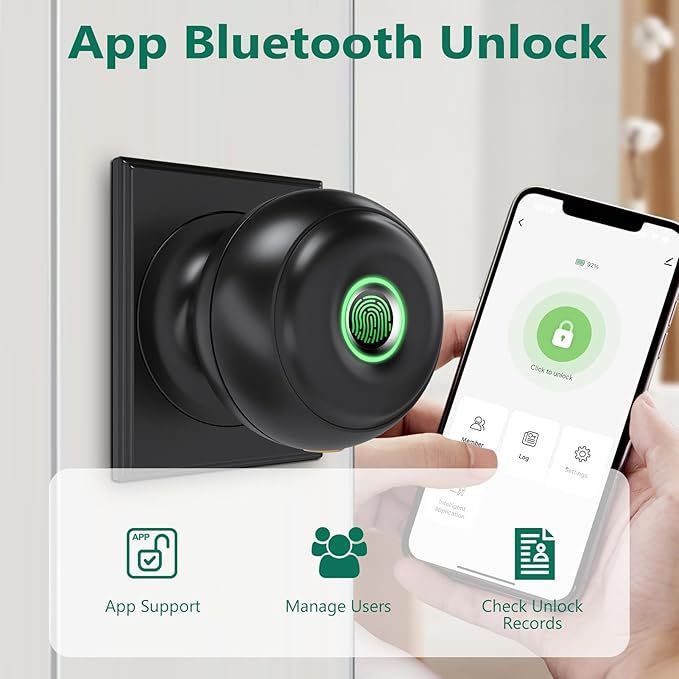GeekTale Fingerprint Door Lock for Bedrooms, Fingerprint Door Knob with Lock, Smart Door Lock, App Control, Back-up Keys, Thumbprint Door Knob for Bedrooms, Office, Apartment
