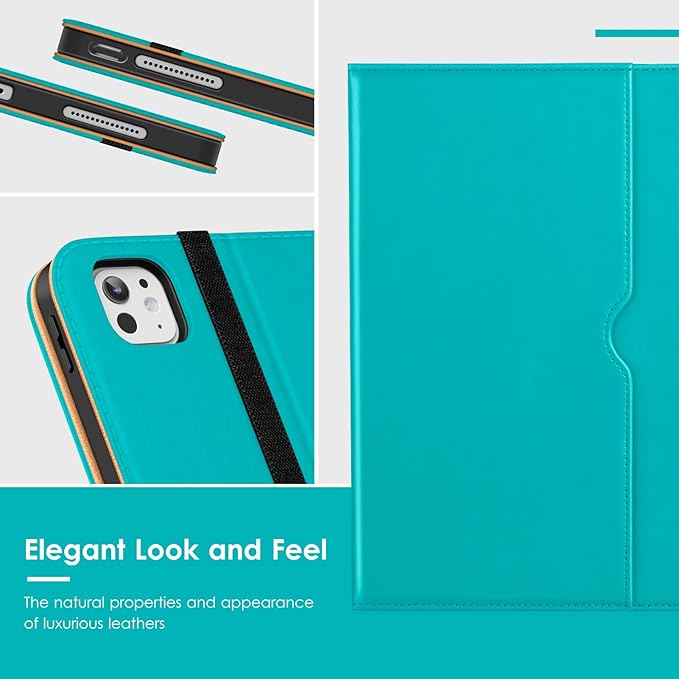 VIKESI Case for iPad Pro 13 (M4) 2024, Leather Stand Cover with Apple Pencil Holder, Auto Wake/Sleep, Multiple Viewing Angles, Built in Hand Strap & Pocket, Cyan Blue