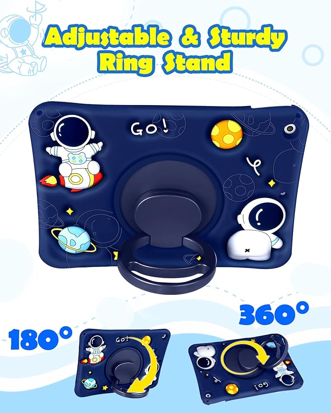 Wazzasoft for iPad 9th/8th/7th Generation Case 10.2 Inch Boys Cute Astronaut Cover Kawaii 3D Cartoon with Rotating Handle Stand + Strap Soft Silicone Funda for Apple iPad Cases 9th/8th/7th Gen