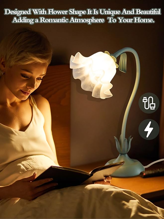 AQDZCNF Flower Table Lamp,LED Reading Light Bedside Vintage Flower Night Light,3 Colors Modes Kawaii Bedside Lamps Decor,Living Room Bedroom Room Lighting Table Lamps Home Decoration (Green)
