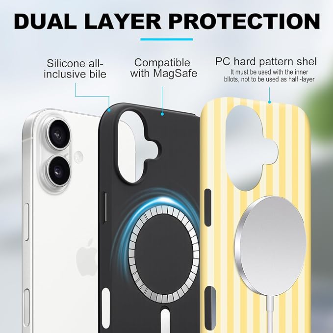 Magnetic for iPhone 17 Case Cute Stripes Phone Case, Shockproof Slim TPU and Hard PC Protective Phone Cover Compatible with MagSafe Designed for Women Girls, Pink and White