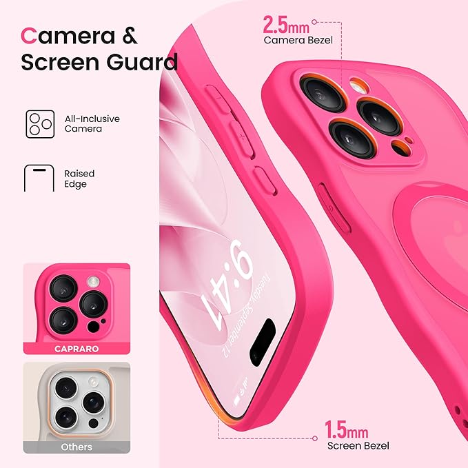 CAPRARO for iPhone 13 Pro Max Case with 360° Spin Magnetic Stand for Women, [Compatible with MagSafe] [Full Camera Protection] Cute Wave Translucent Matte Case for iPhone 13 Pro Max, Hot Pink