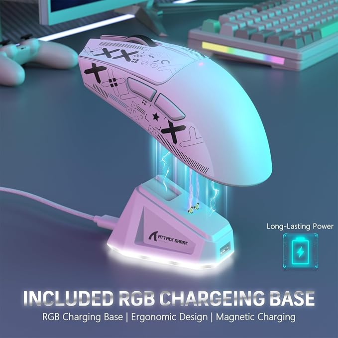 MAGIC-REFINER Attack Shark X11 59g Superlight Wireless Gaming Mouse with Grip Tape, RGB Charging Dock，BT/2.4G Wireless/Wired Pc Mouse, 22000 DPI,5 Programmable Buttons for Pc/Mac(White)