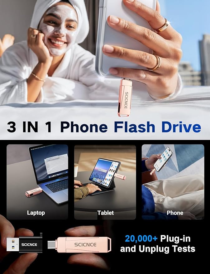 256GB Phone Flash Drive Photo Stick, USB Memory Stick for Photo Video Backup & Storage, No APP Required, Compatible with iPhone iPad Android PC, Rose Pink